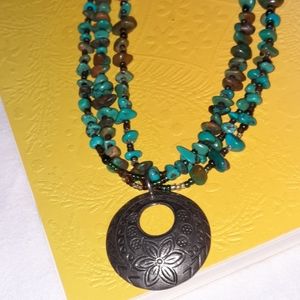 Peyote Bird Turquoise, Glass and Sterling Silver 3 Strand Necklace